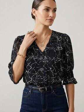 Alix & Lili Black White Splatter Constellation Puff Sleeve Top Office Small